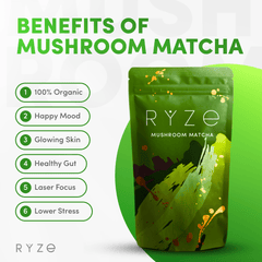 RYZE Matcha - with 6 Organic Adaptogenic Mushrooms Grown In USA and Ceremonial-Grade Japanese Matcha - Simple Edit