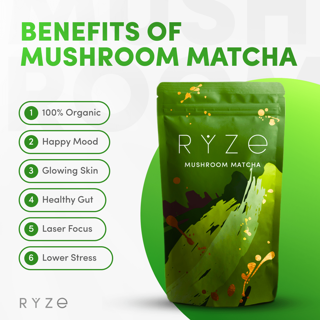 RYZE Matcha - with 6 Organic Adaptogenic Mushrooms Grown In USA and Ceremonial-Grade Japanese Matcha - Simple Edit