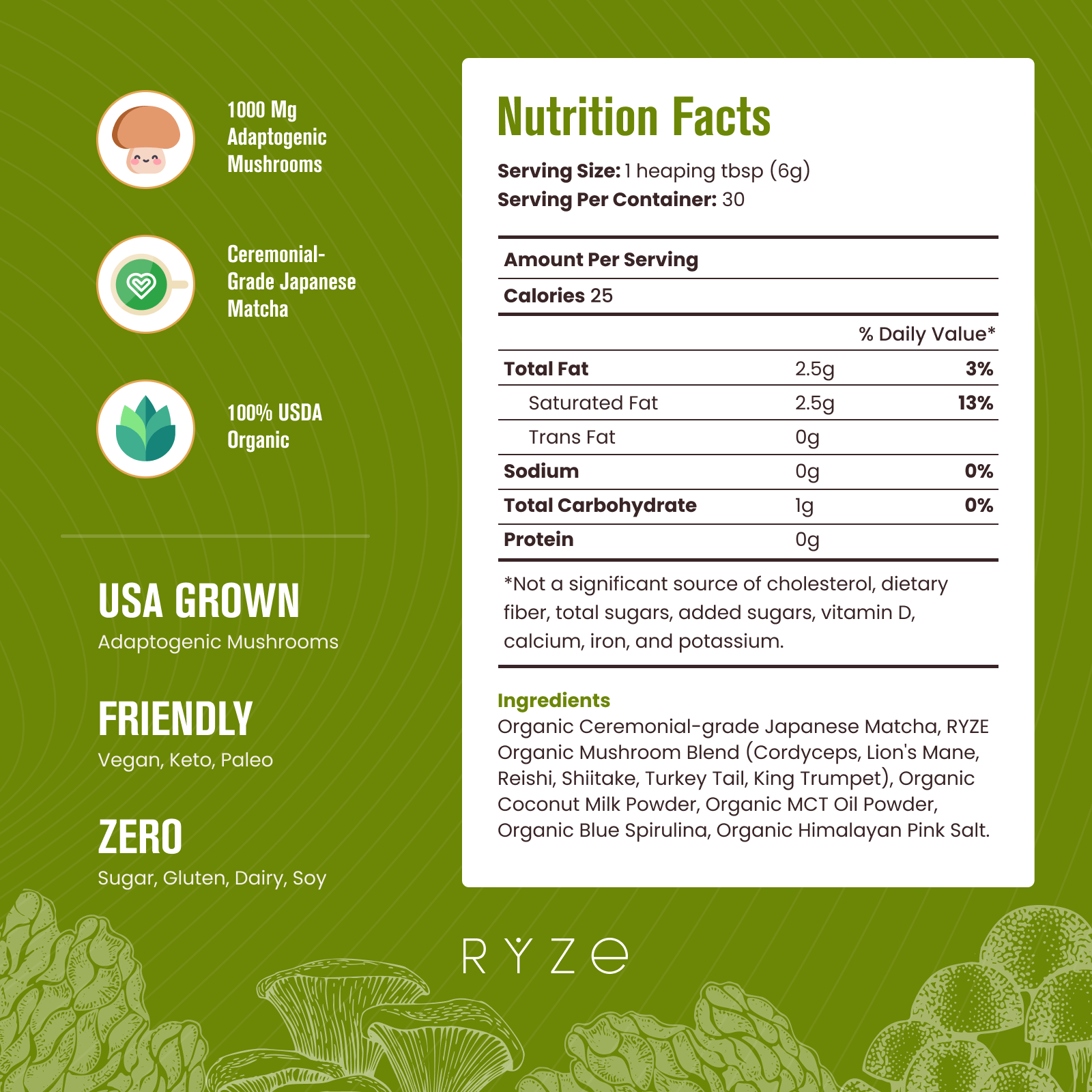 RYZE Matcha - with 6 Organic Adaptogenic Mushrooms Grown In USA and Ceremonial-Grade Japanese Matcha - Simple Edit